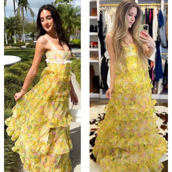 For Love & Lemons Vikki Maxi Dress Large Tiered Floral Ruffles Lace Sheer Yellow - Picture 3 of 12
